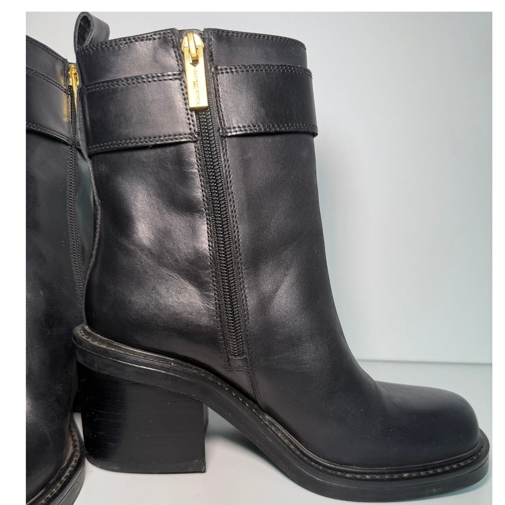 Vince Camuto Black Leather Moto Ankle Boots Gold Buckle Block‎ Heel Square Toe - Picture 11 of 15
